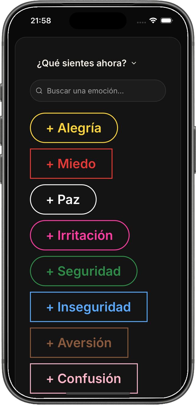 Diariodeemociones.com en iPhone: Pantalla ¿Qué sientes ahora? con la lista de emociones