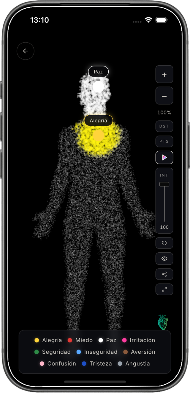 Diariodeemociones.com en iPhone: Mapa de emociones sobre una silueta corporal