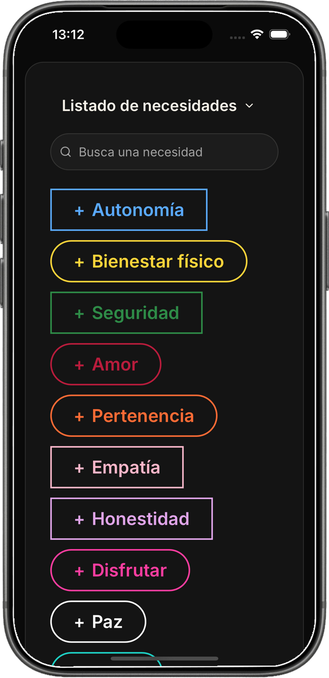 Diariodeemociones.com en iPhone: Listado de necesidades personales