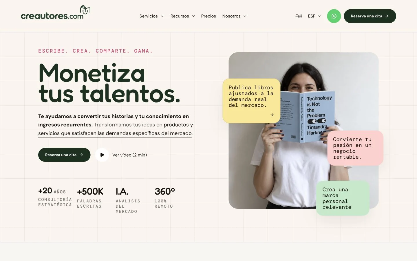 Captura real de Creautores.com: Monetiza tus talentos