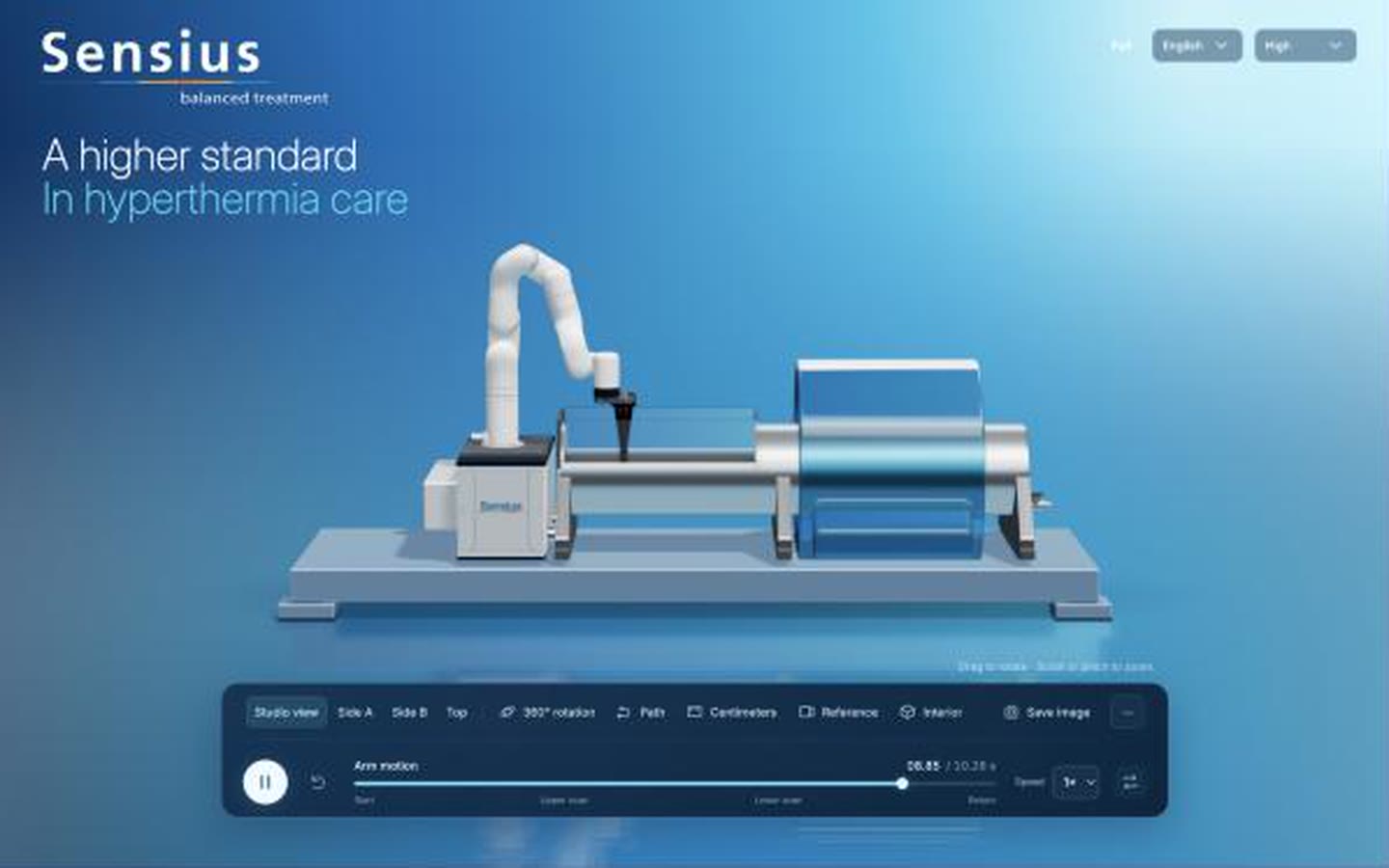 Captura real de Sensius Studio: el equipo de hipertermia ERIQA en 3D con el brazo robótico y los controles del estudio